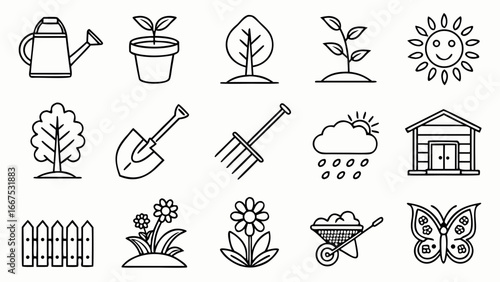 Gardening icons set featuring shovel, rake, watering can, wheelbarrow, plant pot, seeds, gloves, hose, pruning shears, lawn mower, fence, flower, tree, leaf, and garden tools in modern vector style.