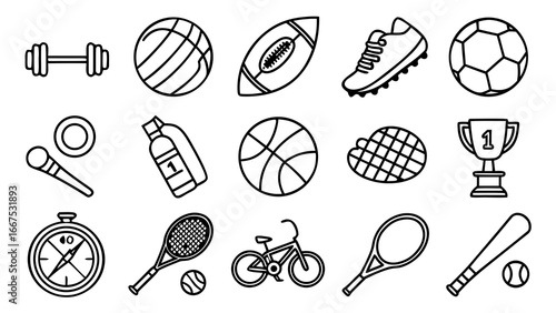 Sports icon set featuring football, basketball, baseball, tennis, cricket, golf, volleyball, rugby, hockey, table tennis, badminton, cycling, boxing, swimming, and athletics in modern vector style.