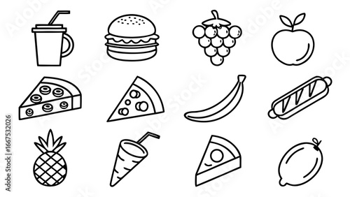 Food and drink icons set featuring fork, spoon, knife, burger, pizza, coffee, tea, soda, wine, beer, ice cream, fruits, vegetables, fast food, desserts, and beverages in modern vector style.