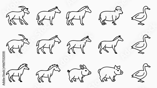 Set of Animal Vector Icons – Collection of 24 unique animal silhouettes and line art illustrations, featuring wildlife, pets, sea creatures, and birds in minimal and editable modern design.