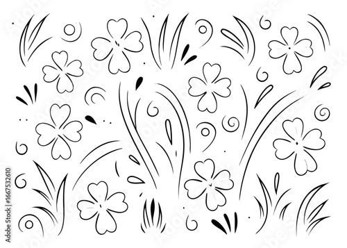 Hand drawn grass doodle sketch style collection featuring organic botanical elements and natural foliage designs