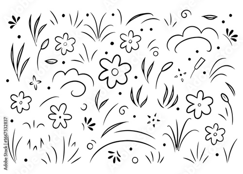 A collection of hand drawn grass doodles featuring a sketchy artistic style with various plant elements