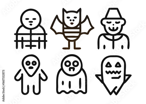 A collection of charming and spooky halloween themed characters presented as a versatile icon set suitable for various design projects