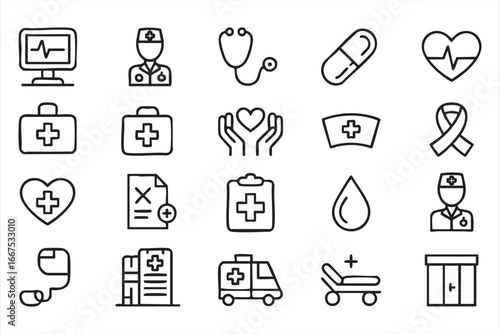 Medical service and wellness icons for healthcare, doctor care, and emergency response designs