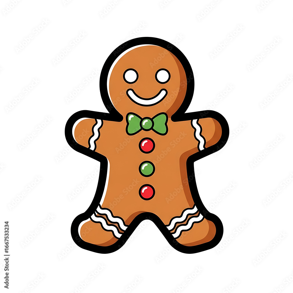 Obraz premium Festive gingerbread man cookie with green bow tie and red green buttons isolated on transparent background