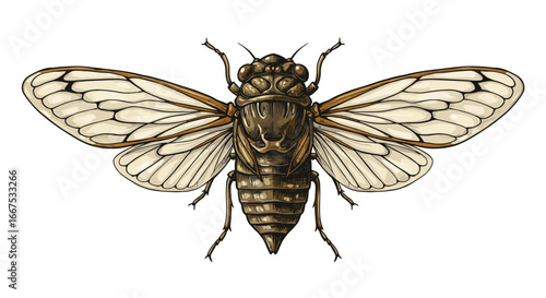 Detailed Illustration of a Brown Cicada with Veined Wings.