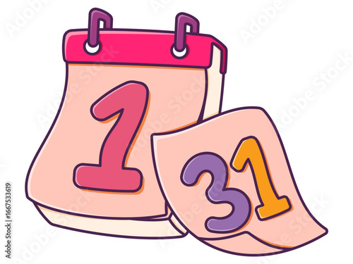 Vector flat pastel icon showing 1 January as main page with 31 December falling, in pink, purple, yellow colors