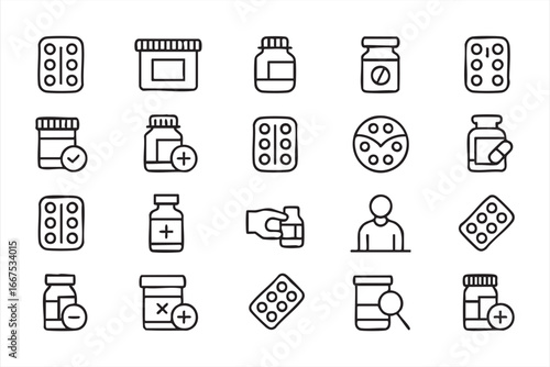 Set of pharmacy and healthcare icons for prescription, pills, and medication designs