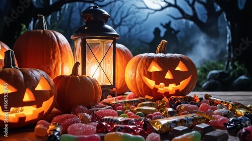 Illuminated carved pumpkins and candy display on halloween night