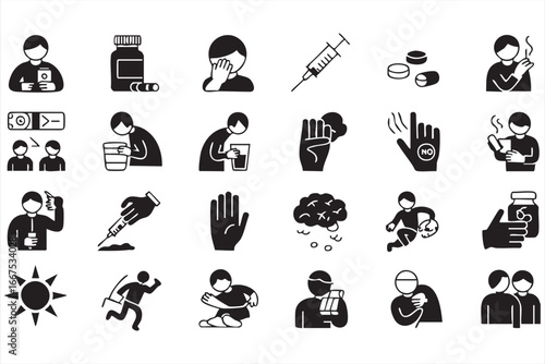 Health and wellness icons set, including medical care, hands, brain, fitness, and wellness symbols for healthcare, lifestyle, and treatment designs
