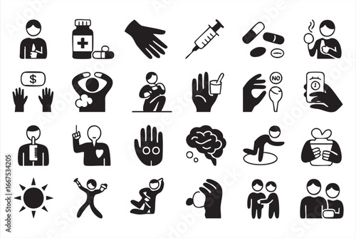 Set of healthcare and lifestyle icons, including pills, hands, and wellness elements