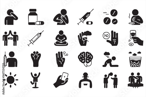 Line art health icons, including medical, fitness, and brain care illustrations