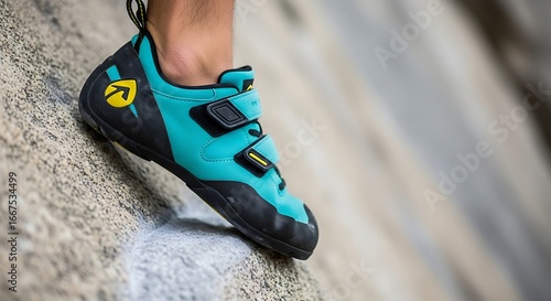 Climbing shoe on rock face ready for action, adventure and challenge in outdoor activity