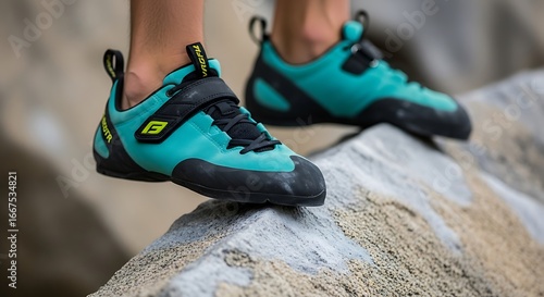 Dynamic climbing shoes on a rock ready for adventure and extreme outdoor activities
