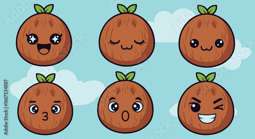 Coconut Cartoon Characters with Different Emotions
