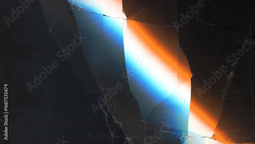 Cracked screen. Glitch glow flare. Fiction damaged scratch defocused black background copy space. Distressed display gradient light distortion.