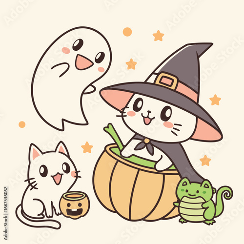 Cute cartoon ghost with a bucket full of halloween candy isolated on white background