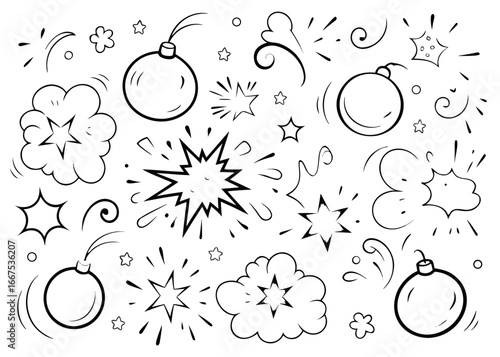 Comic style hand drawn explosive device with fiery blast element perfect for graphic design projects and creative illustrations