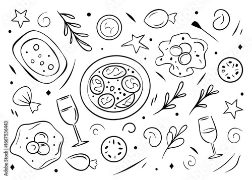 Charming hand drawn chalk style illustrations featuring a variety of delicious mediterranean foods and ingredients