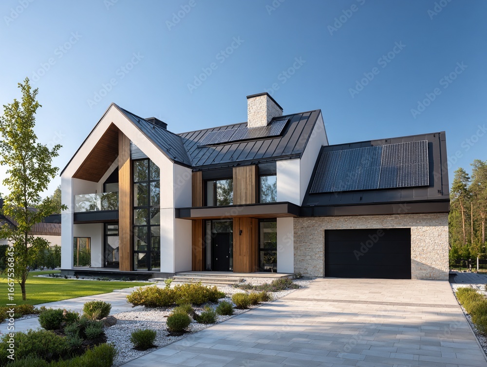 Fototapeta premium Modern home exterior architecture design with solar panels and beautiful landscape
