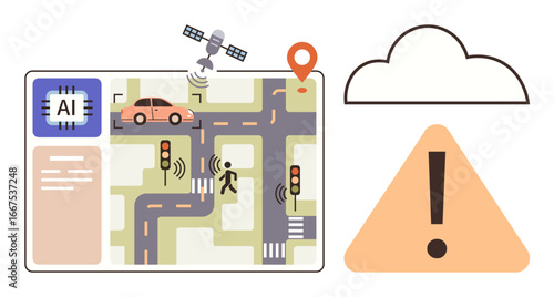 AI-powered car navigating mapped roads with satellite guidance, traffic lights, pedestrian detection, and alert triangle. Ideal for AI, automation, navigation, safety, technology traffic systems