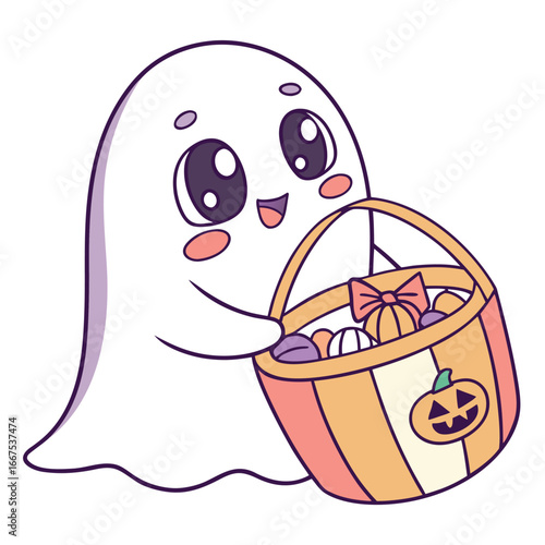Cute cartoon ghost with a bucket full of halloween candy isolated on white background