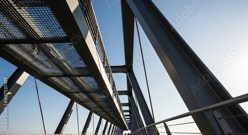 Modern steel bridge architecture perspective under bright sky urban infrastructure construction
