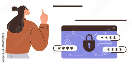 Woman interacting with a password-protected digital interface displaying a secure lock and encrypted connections. Ideal for cybersecurity, digital protection, identity verification, online safety
