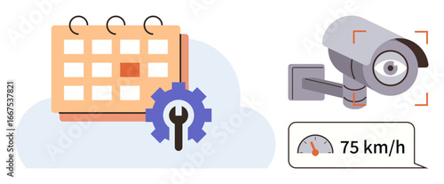 Calendar with a gear for service scheduling, surveillance camera for monitoring, speedometer with marked velocity. Ideal for scheduling, maintenance, security, speed control, time management