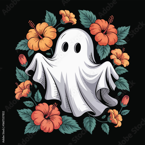 Vector illustration of White ghost surrounded by orange hibiscus flowers and green leaves halloween