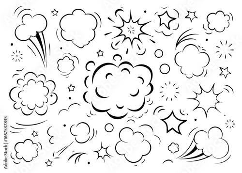 Artistic hand drawn comic style explosion bomb with wisps of smoke and dynamic energy burst graphic element