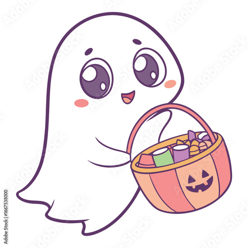 Cute cartoon ghost with a bucket full of halloween candy isolated on white background