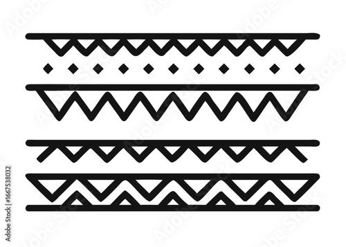 Artistic hand drawn folk motif border ethnic pattern collection featuring intricate designs in black yellow cyan and magenta hues