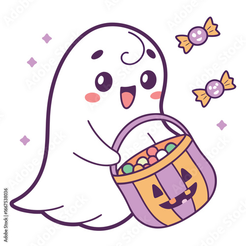 Cute cartoon ghost with a bucket full of halloween candy isolated on white background