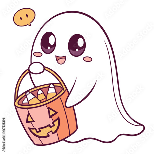 Cute cartoon ghost with a bucket full of halloween candy isolated on white background