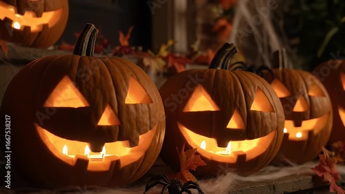 Lit carved pumpkins displaying jack o lantern faces at night