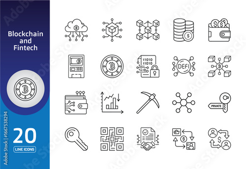 Blockchain & fintech vector illustration icon set contains bitcoin, wallet, mining pickaxe