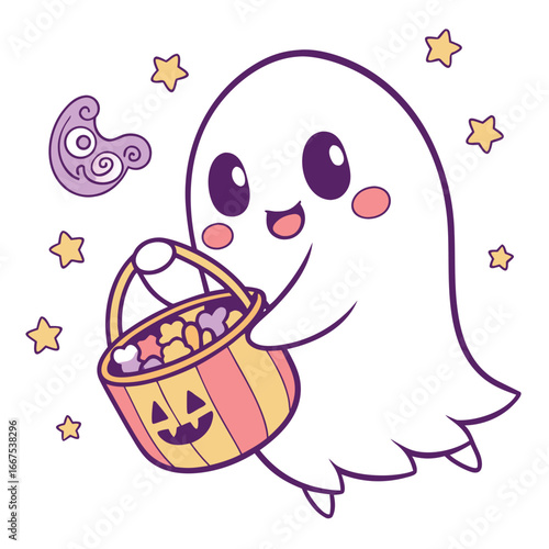 Cute cartoon ghost with a bucket full of halloween candy isolated on white background