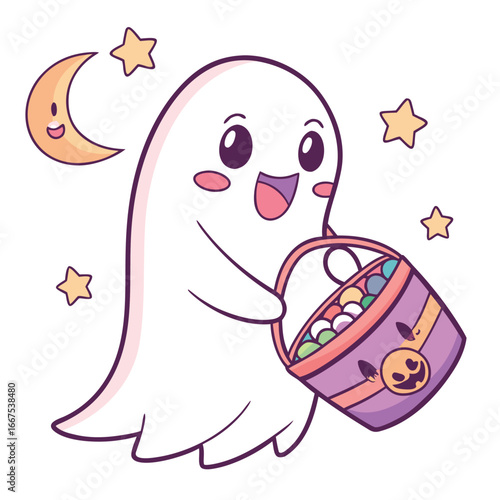 Cute cartoon ghost with a bucket full of halloween candy isolated on white background