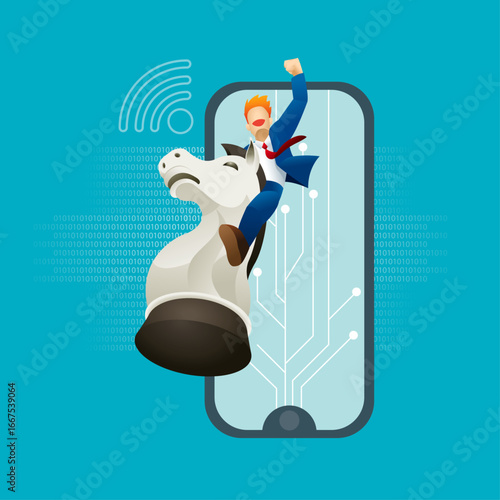 Vector of a businessman riding on a hopping chess knight. He raised his one arm to show his success.