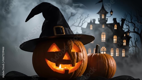 Jack o lanterns with witch hat and spooky house background
