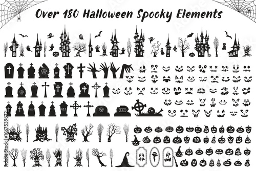 Halloween Bundle. Over 180 Spooky Elements. Silhouette Set collection for Halloween.