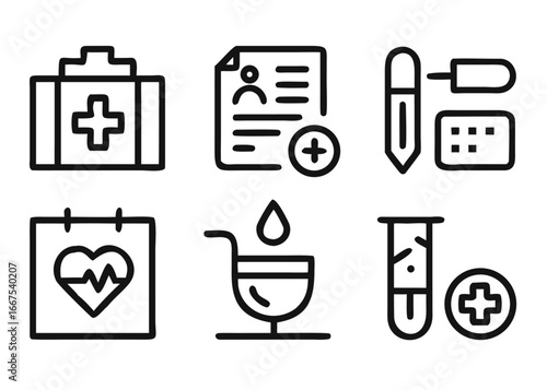 Comprehensive collection of clean line style web icons representing various aspects of medical care and health services for digital platforms