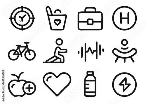 Comprehensive collection of adjustable line art icons representing various aspects of a healthy and active lifestyle suitable for digital and print applications