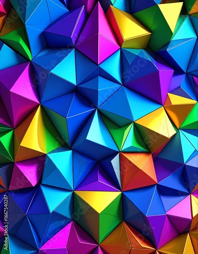 A vibrant background featuring an array of 3D triangles in various colors, creating a dynamic and visually striking geometric pattern.