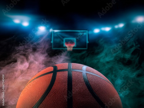 Basketball Ball on Court with Smoke and Spotlights.