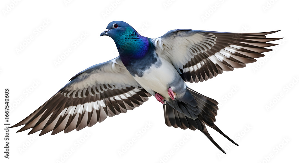Obraz premium Pigeon in flight with wings spread against a