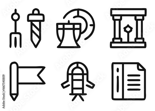 A comprehensive collection of historical themed graphic elements featuring adaptable stroke thickness for diverse design applications and creative projects