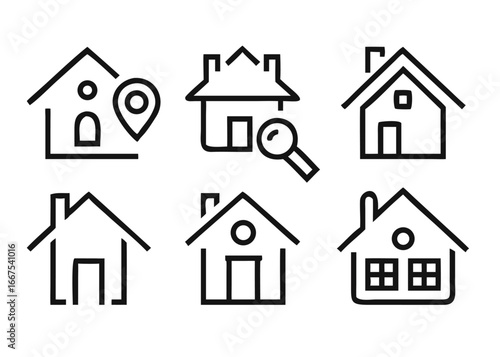 A comprehensive collection of minimalist house web icons presented in a clean line art style for digital applications and user interfaces