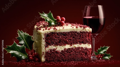 Red velvet cake slice with wine and holly